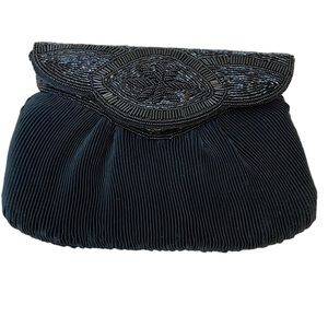 Vintage Carolyne Barton Nights Beaded Black Satin Clutch mini bag